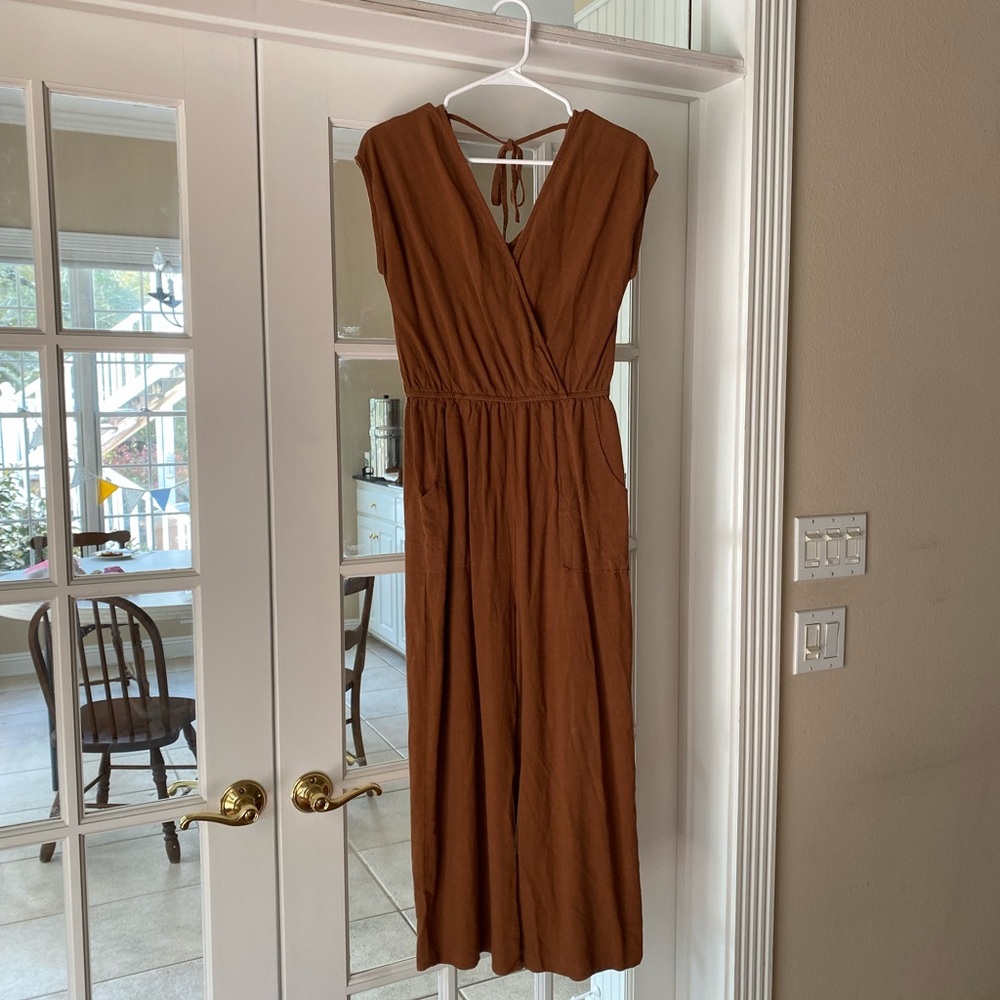 Brown linen/cotton wrap jumpsuit - S